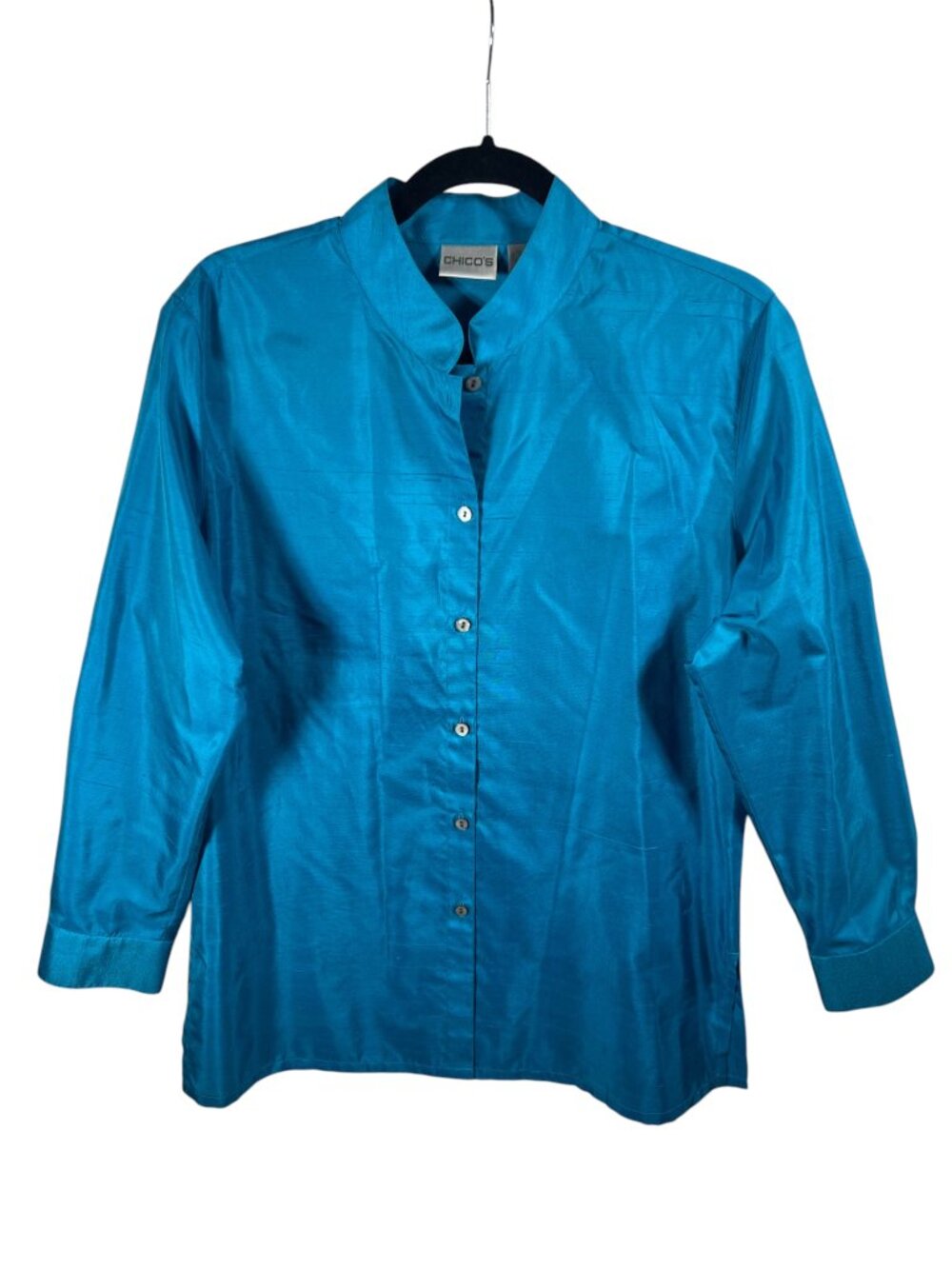 Chicos Top Womens Medium Silk Button Down Long Sleeve Mandarin Collar Minimalist